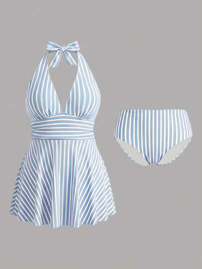 Sweetra CURVE Conjunto de bikini de 2 piezas con estampado de rayas y cintura fruncida para mujer de talla grande, diseño maduro y minimalista, traje de baño casual de vacaciones