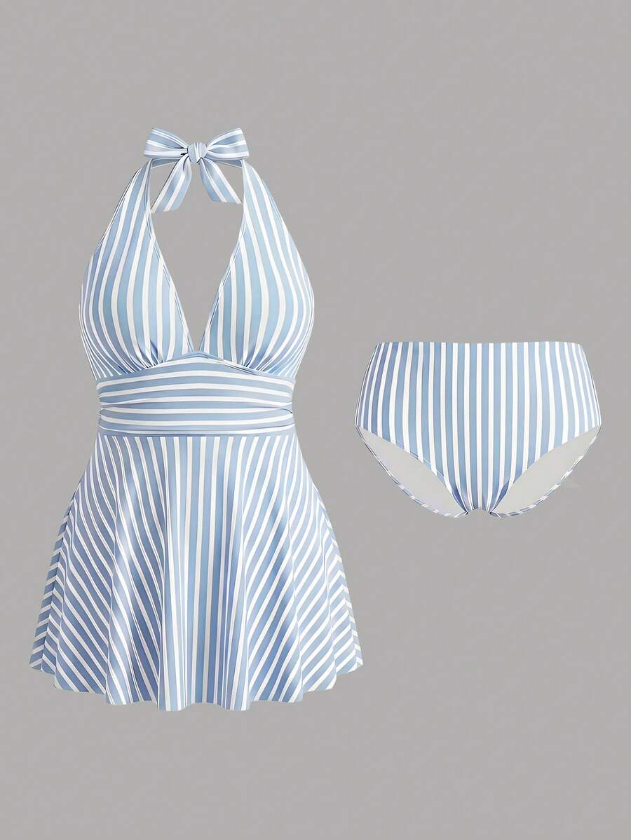 Sweetra CURVE Plus Size Women 2pcs Striped Print Ruched Waist Halter Neck Bikini Set, Mature & Minimalist Design, Casual Holiday Swimwear For Summer Beach Vacation - Multicolor - View 1