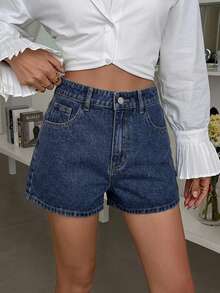 DAZY Women's Casual Solid Color Washed Shorts, Spring/Summer - Dark Wash - View 4