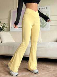 SHEIN EZwear 女士时尚百搭纯色重叠V腰喇叭裤 - 黃色 - 查看 4