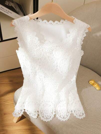 SHEIN Tall Women's Elegant Vacation Square Neck Sleeveless Lace Blouse