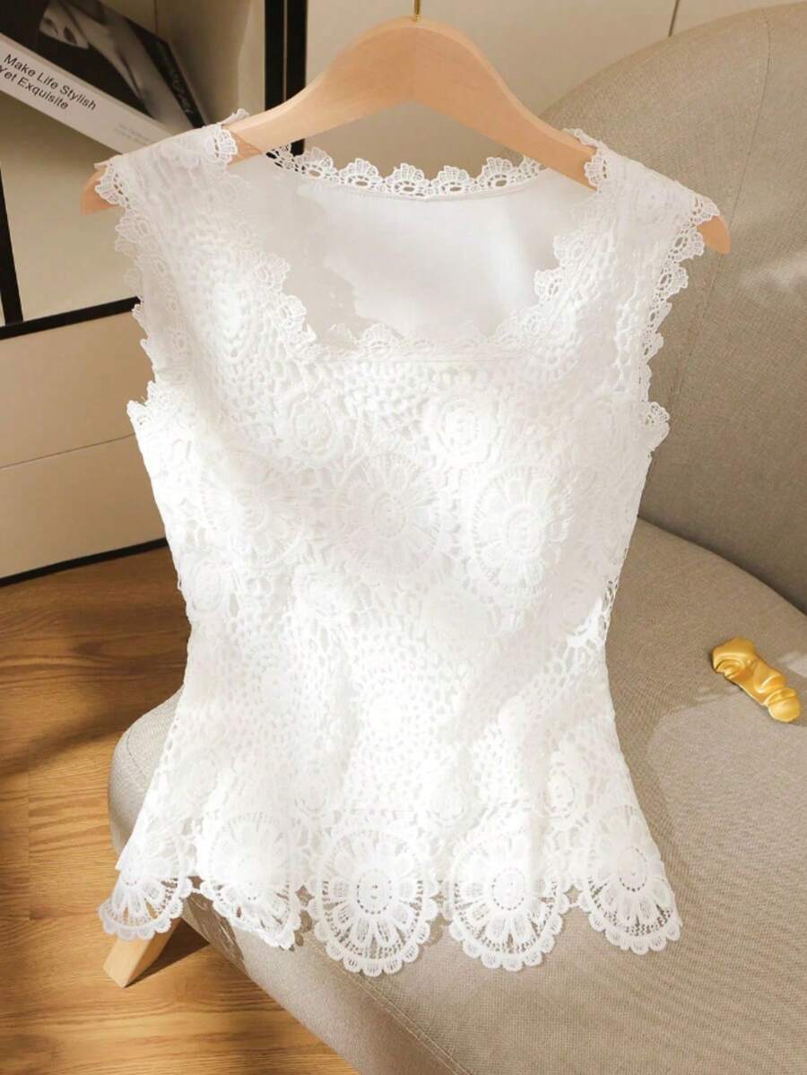 SHEIN Tall 女士优雅度假方领无袖蕾丝衬衫 - 白色 - 查看 1