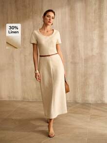 MOTF PREMIUM ĐẦM DÀI VỪA PHẢI DÁNG VỚI CHẤT LIỆU PHA VẢI LINEN DÁNG CÓ CẤU TRÚC DÀNH CHO NỮ - Màu be - Xem 1