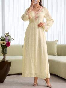 SHEIN Najma Đầm dài tay màu hồng cổ chữ V thêu hoa thanh lịch dành cho nữ - Vàng nhạt - Xem 4
