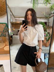 DAZY Women's Hollow Embroidered Petal Sleeve Single-Breasted Blouse Summer - White - View 3