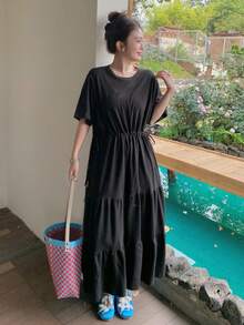 Dazy Plus Plus Size Women Solid Color Round Neck Pleated Casual Vacation Date Dress Sun Dresses For Women Summer - Black - View 4