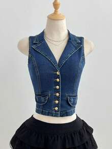 Elamini Fashion Turndown Collar Button Washed Denim Jacket Vest - Dark Wash - View 1