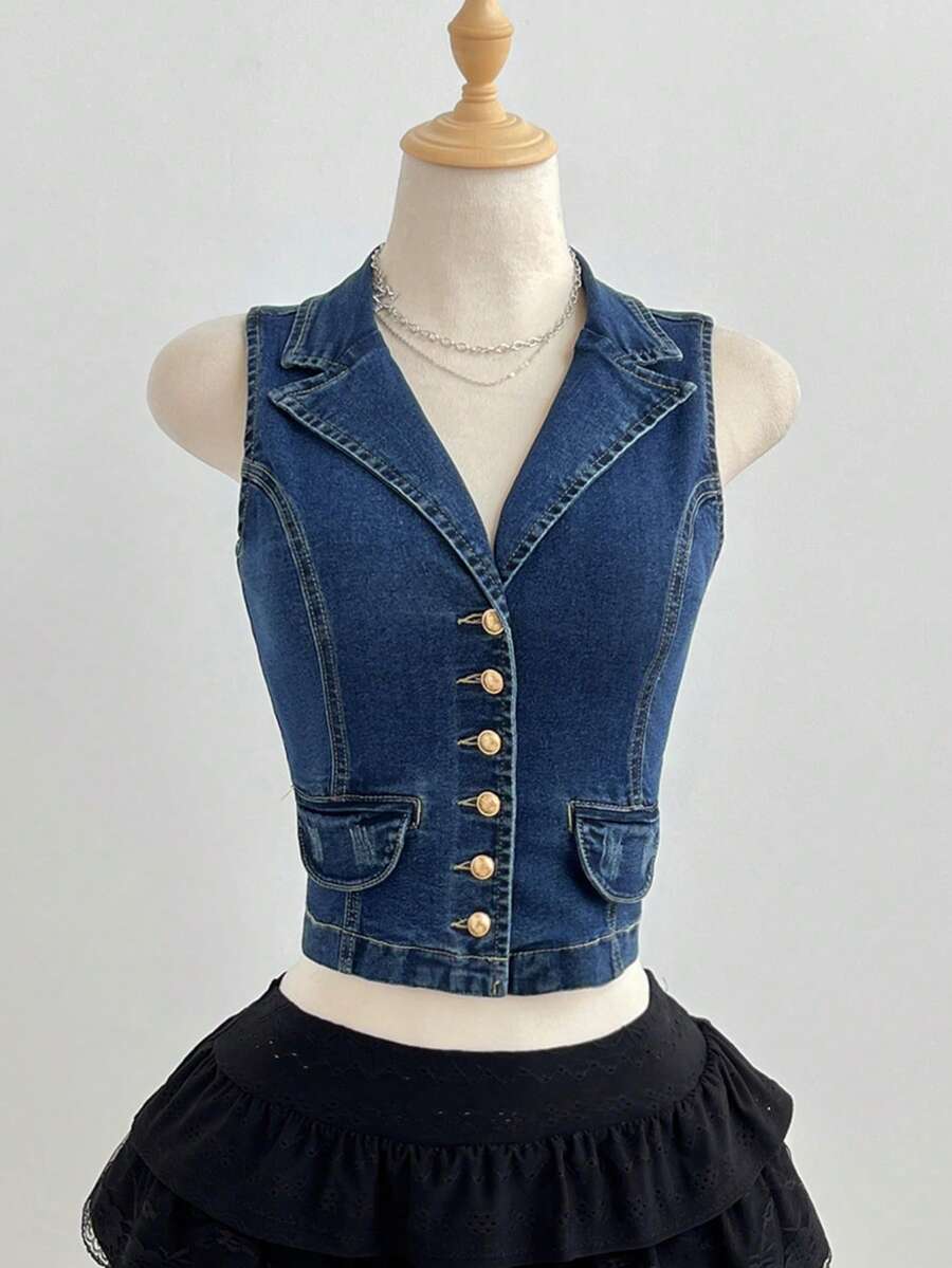 Elamini Fashion Turndown Collar Button Washed Denim Jacket Vest - Dark Wash - View 1