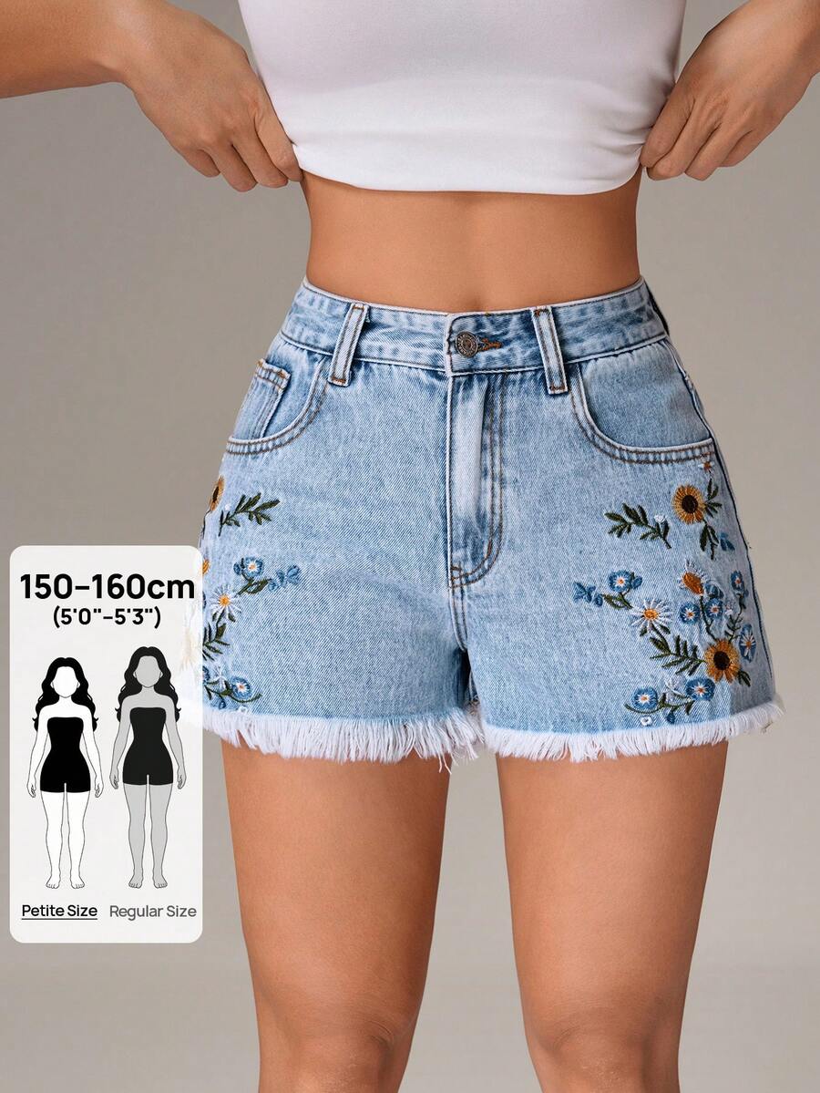 SHEIN PETITE Women's Floral Embroidered Pocket Frayed Hem Casual Denim Shorts ,Petite Women - Blue - View 1