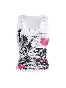 ROMWE Áo tank top nữ phong cách Y2K retro đường phố, dễ phối đồ, gợi cảm, in khẩu hiệu và đính đá. - trắng - Xem 1