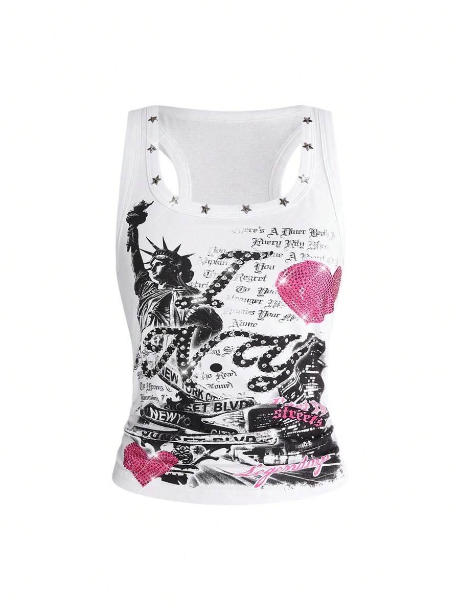 ROMWE Áo tank top nữ phong cách Y2K retro đường phố, dễ phối đồ, gợi cảm, in khẩu hiệu và đính đá. - trắng - Xem 1