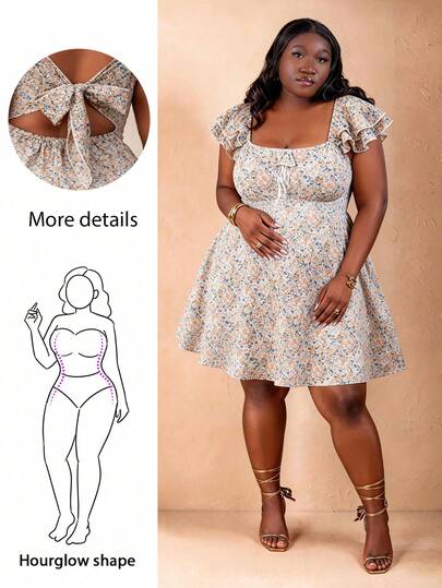 CurvyTilda Plus Size Boho Ladies Short Fashionable Floral Print Flutter Sleeve Mini Vacation Dress For Summer, Vacation Vibe Sundress, Milkmaid Dress, Summer Essential, Women Vintage Dress,Beach Dress Sundress,Holiday Outfits