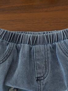 SHEIN Vintaside Kids 女嬰淡黃色夏季可愛度假清新花卉吊帶背心與牛仔短褲套裝，甜美蝴蝶結裝飾，適合休閒外出與家庭聚會穿搭 - 黃色 - 查看 5