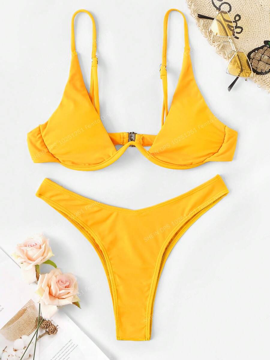 SHEIN Swim Summer Beach Underwire High Cut Bikini Set - Mustard Yellow - View 1