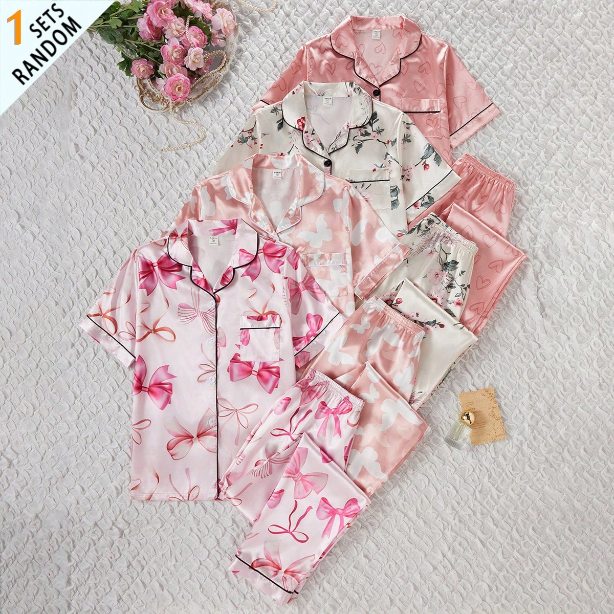 Pantalones largos y cárdigan de manga corta de ajuste holgado de tela de satén naranja coral con estampado elegante de mariposas blancas, conjunto d