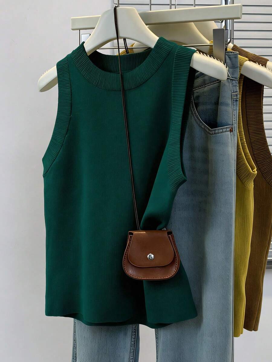 Women's Casual Everyday Commute Minimalist Solid Color Knit Vest - Dark Green - View 1