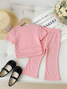 SHEIN Bộ đồ thường ngày cho bé gái: Áo thun ngắn tay in nơ và quần ống loe. - Hồng - Xem 8