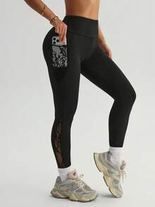 Gameset SHEIN Sport 半透明蕾丝高腰女士运动紧身裤，适合健身和户外活动 - 黑色 - 查看 5