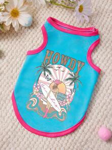 PETSIN 1件冲浪板沙滩椰子树字母印花宠物背心蓝色拼接红色柔软透气防掉毛宠物服装 - 彩色 - 查看 1