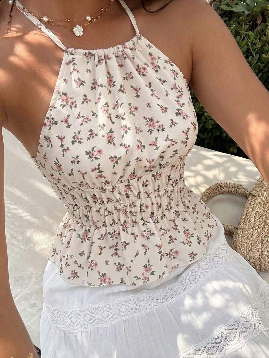 Sunnyshic 女士夏季休闲乡村甜美时尚百搭外出派对小碎花腰带露背无袖短款上衣 - 彩色 - 查看 1