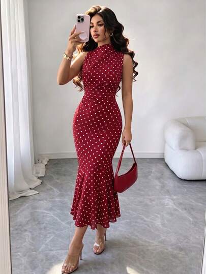 Rafferiza 女士红色波点收腰修身鱼尾连衣裙