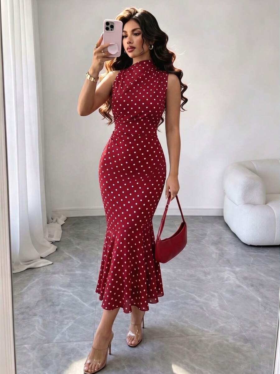 Rafferiza 女士红色波点收腰修身鱼尾连衣裙 - 紅色 - 查看 1