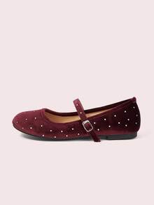 CUCCOO DOLLMOD Velvet Rivet Rhinestone Mary Jane Women's Shoes Spring And Summer New Commuting Fashion And Comfort Low Vamp Buckle With Flat Ballet Shoes - Burgundy - View 8