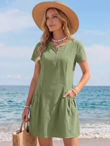 SHEIN LUNE Zipper Neckline Women's Double Pocket Dress,Casual - Army Green - View 4