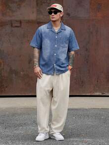 DAZY Washed Blue Denim Short Sleeve Shirt For Men Summer - Blue - View 5