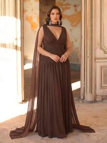 Aureia Plus Size Elegant Shiny Mesh V-Neck Ruched A-Line Dress With Detachable Neck Strap,Brown Winter Dinner Evening Luxury Gowns For Women Wedding Party - Brown - View 3