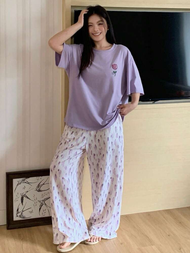 Dazy Plus Floral Print Pattern Elegant & Comfortable Short Sleeve Loose Pajama Set, Spring/Summer, Plus Size