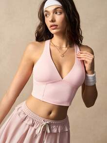VARSIVA Top deportivo corto sin espalda de unicolor con cuello halter - Rosa Pálido - Ver 6