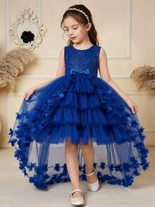 Glamorique Kids Young Girl Butterfly Embellished High-Low Tulle Princess Dress, Ideal For Birthday Or Casual Party Royal Blue Dress For Girlsroyal Blue Dress Girls - Blue - View 3