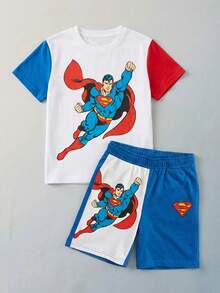 SUPERMAN X SHEIN Maija Kids 男童休闲简约T恤套装，卡通图案，适合夏季穿着 - 彩色 - 查看 1
