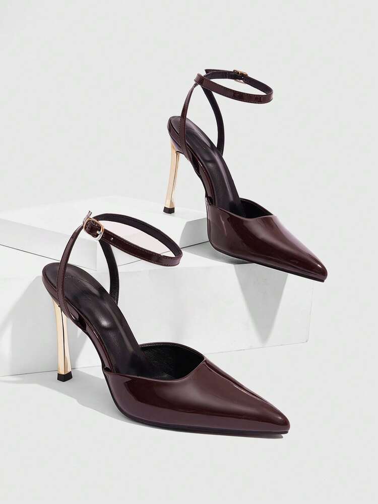 CUCCOO SZL Women Shoes Women's Pointed Stiletto Metal Heel Brown Back Ankle Strap Temperament Elegant Fashion Sexy Women's High Heels Shoes Suitable For Parties, Parties, Banquets And Other Occasions Women's Shoes