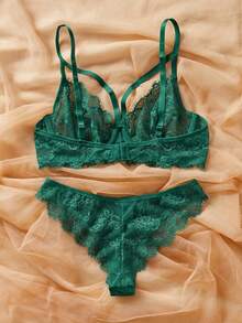 SHEIN 2pcs/Set Lace Underwire Bra Set For Women - Dark Green - View 2