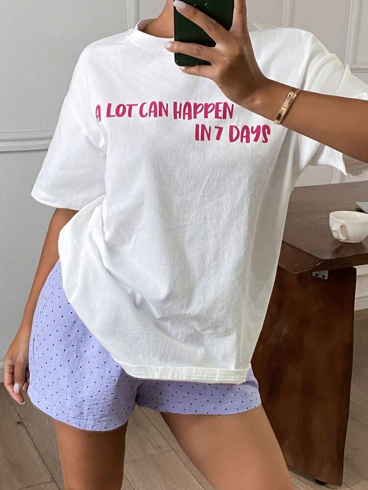 Women's Letter Print Top And Polka Dot Print Shorts Pajama Set