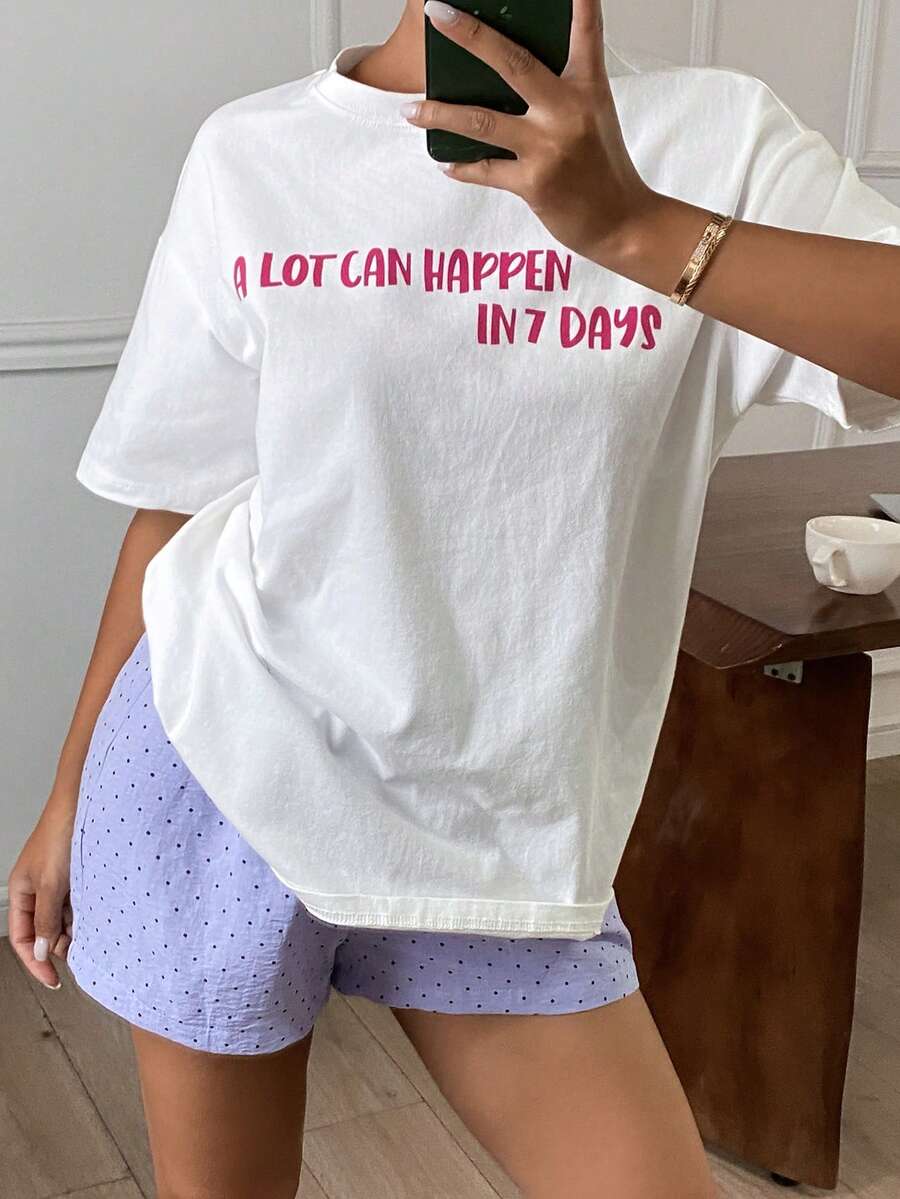 DAZY Women's Letter Print Top And Polka Dot Print Shorts Pajama Set - White - View 1