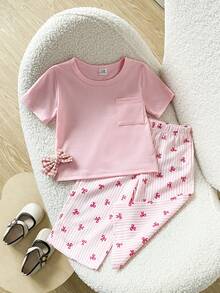 SHEIN Playful Pals 2件套女婴圆领口袋短袖上衣和竖条纹蝴蝶结裤子套装，休闲装，适合户外玩耍或舒适夏季百搭套装 - 粉色 - 查看 6