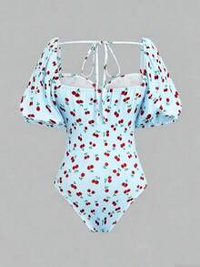 Sweetra Plus Size Cherry Print Sweetheart Collar Ribbed Backstrap Bodysuit - Multicolor - View 2