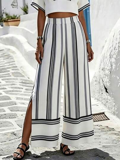 Balvessa Summer Women's Black & White Striped Wide Leg Pants Elastic Waist Slit Casual Vacation Trousers Vacation Outfits For Women Beach Vacation Outfits For Women Casual Outfit For Women Summer Outfits Spring Outfit Women Beach Outfit For Women Party Outfit