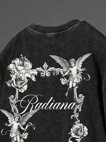 Torvinic Box-Shaped Gothic Style Distressed Angel Frame Print Black Cropped T-Shirt - Black - View 2