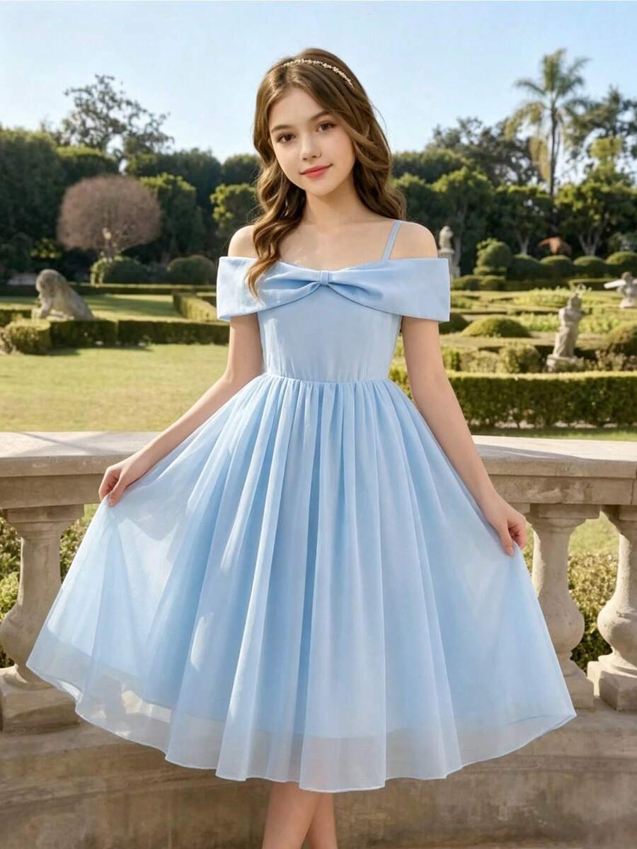 Tween Girls' Elegant Blue Sleeveless Chiffon Fitted Dress, Suitable For Evening Party, Christmas, Wedding, Prom, Vacation, Graduation Season And Other Occasions Junior Bridesmaid Dress Tween Short Elegant Dress Tween Graduation Dress Under The Knee Tween Graduation Dress Under The Knee Length Light Blue Tween Dress - Blue - View 1