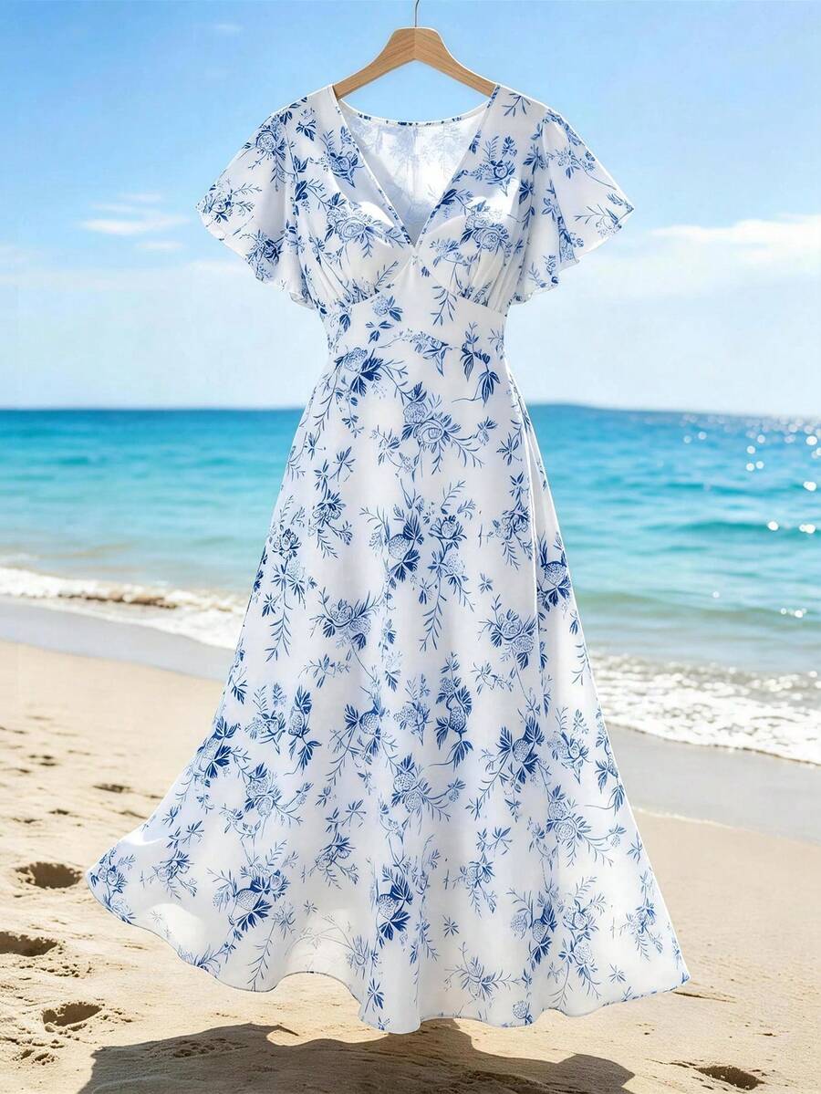New Arrival Summer Ditsy Floral Elegant Plus Size Vacation Dress - Blue and White - View 1