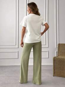 EURMUSE Women's Two Pieces Set – White Embroidered Cotton T-Shirt & Wide Leg Pants, Comfortable & Stylish Casual Outfit - White - View 9