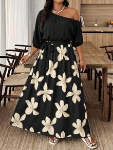 Plus Size Floral Print Asymmetrical Shoulder Dress - Multicolor - View 4