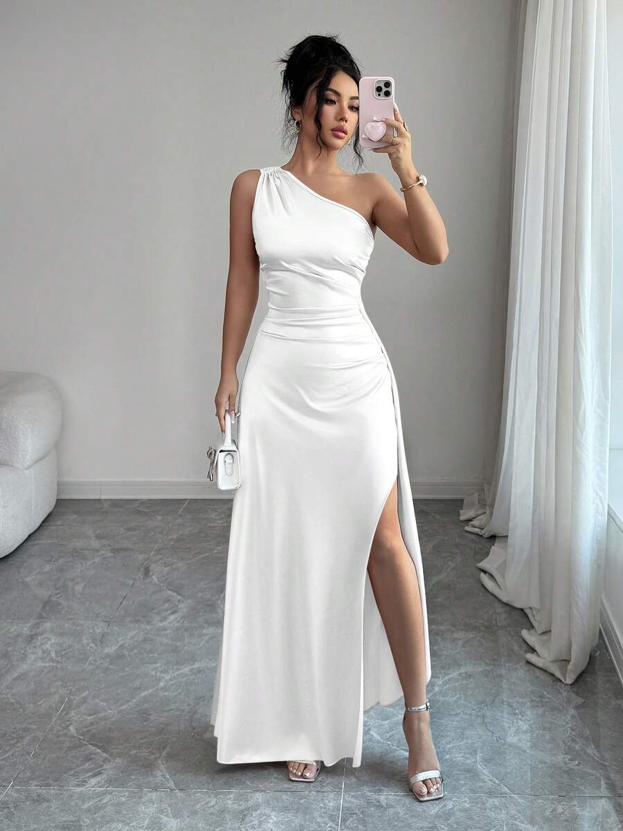Selianne Đầm dạ hội maxi sang trọng bằng satin lệch vai, xếp ly eo, xẻ cao, gợi cảm dành cho nữ, mẫu mới mùa hè 2026. - trắng - Xem 1