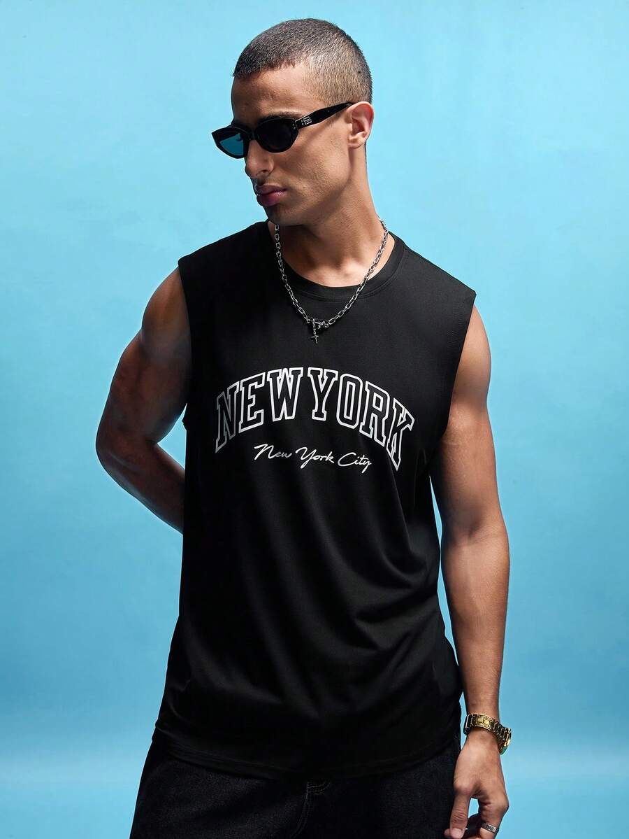 NobleFwd 男士时尚印花宽肩带无袖背心 - 黑色 - 查看 1