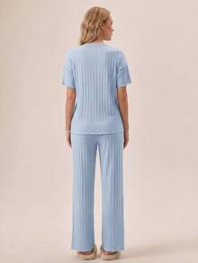 Loomlin 2Pcs/Women's Button Details And Lettuce Trim Detail Homewear Lounge Set - Baby Blue - View 2