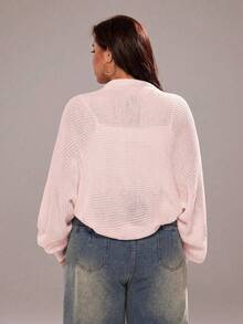 Plus Size Women's Spring/Autumn Casual Vacation & Commute Solid Color Batwing Sleeve Cropped Lightweight Cardigan - Baby Pink - View 2